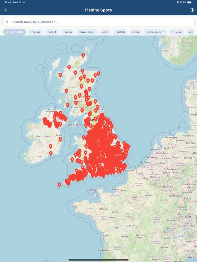 GilledIt fishing map showing UK venue pins on iPad